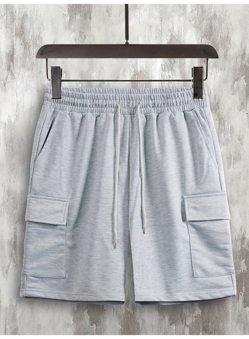 شورت رجالي رمادي اللون، متعدد الجيوب، برباط، فضفاض، مناسب للصيف - Image 5